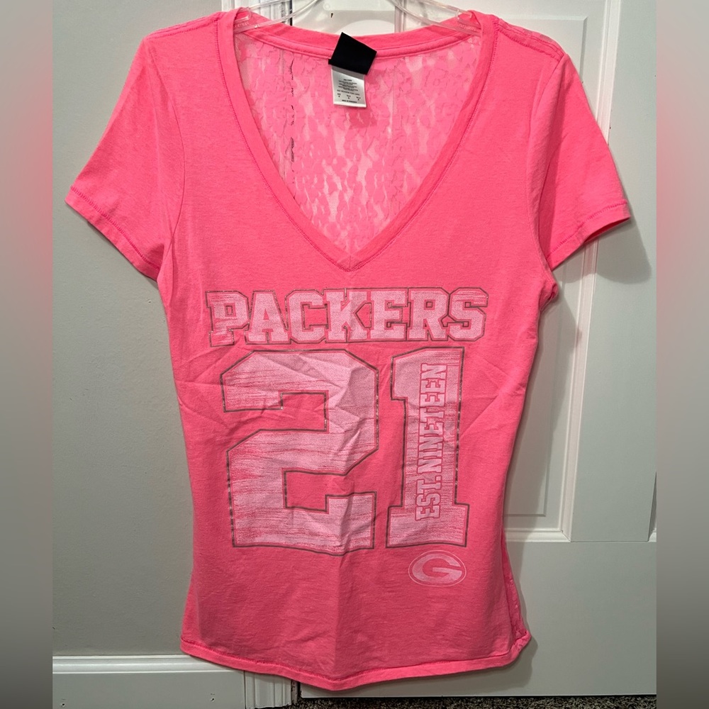 Womens NFL Team Apparel Official Green Bay Packers Shirt V-neck Size M Lace New